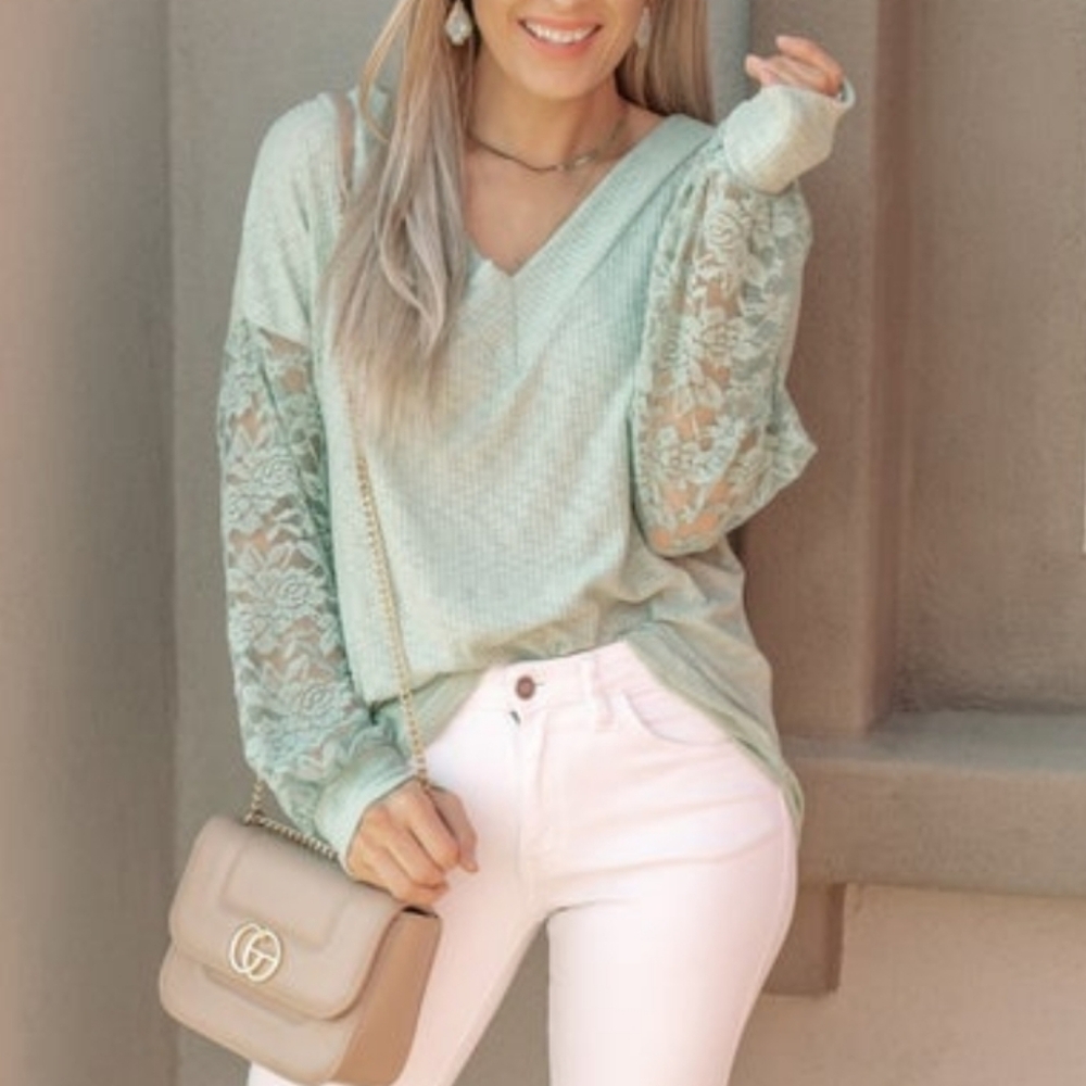 Bibi Sage Lace Sleeve V-Neck Top